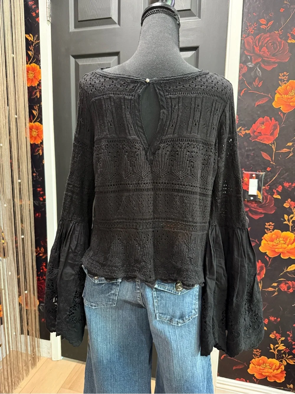Free People Once Upon A Time Lace Bell Sleeves Top In Black